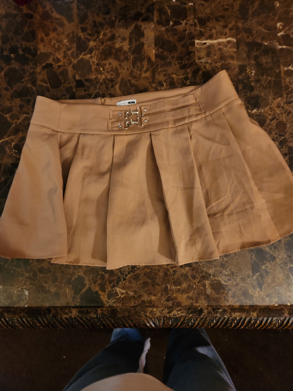 Fashion Nova Pleated Mini Skirt with Triple Buckle Detail - Beige